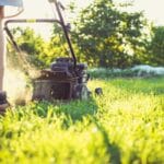 Osoba kosi trawnik kosiarką spalinową w słoneczny dzień